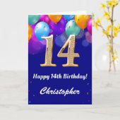 Carte 14e anniversaire Ballons bleu et or couleur marine (Fleur jaune)
