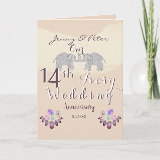 Carte 14e anniversaire du Mariage Opals & Eléphants (Devant)