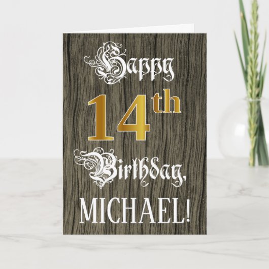 Carte 14e anniversaire : Faux Gold Look + Faux Wood Moti (Devant)