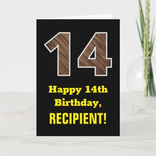 Carte 14e anniversaire : Nom, Motif Faux Wood Grain "14" (Devant)