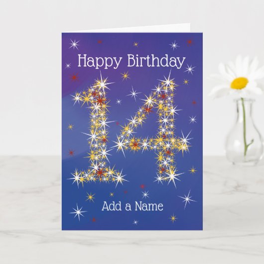 Carte 14e anniversaire - Numéro 14 en étoiles - Bleu - 1 (Petite plante)