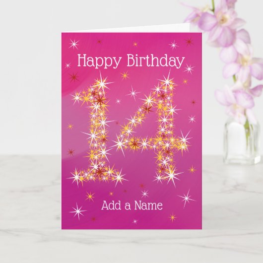 Carte 14e anniversaire - Numéro 14 en étoiles - Rose - A (Orchidée)