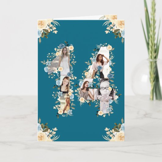 Carte 14e anniversaire Photo Collage Fleur Jaune Turquoi (Devant)