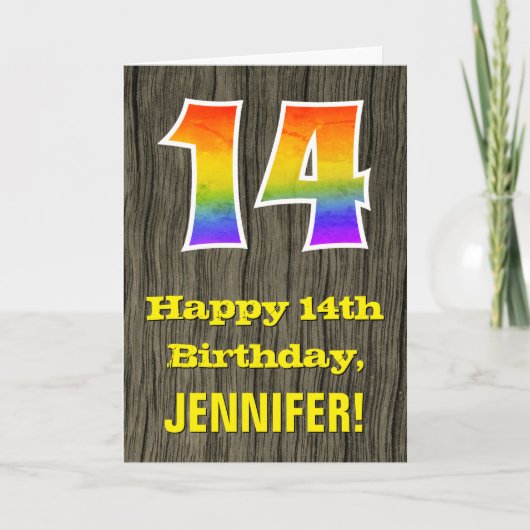 Carte 14e anniversaire : Rustic Faux Wood Look, Arc-en-c (Devant)