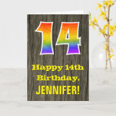 Carte 14e anniversaire : Rustic Faux Wood Look, Arc-en-c (Fleur jaune)