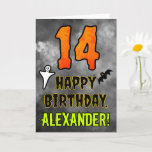 Carte 14e anniversaire: série Halloween Theme   Nom pers<br><div class="desc">The front of this scary and spooky Halloween théed birthday greeting card design features a large number "14" and the message "HAPPY BIRTHDAY, " plus a custom name. There are also depictions of a bat and a ghost on the front. The inside features a customized birthday greeting message, or could...</div>