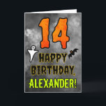 Carte 14e anniversaire: série Halloween Theme   Nom pers<br><div class="desc">The front of this scary and spooky Halloween théed birthday greeting card design features a large number "14" and the message "HAPPY BIRTHDAY, " plus a custom name. There are also depictions of a bat and a ghost on the front. The inside features a customized birthday greeting message, or could...</div>