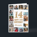 Carte 14e Joyeux Anniversaire Collage photo d'or et blan<br><div class="desc">14th Happy Birthday Gold and White Photo Collage Birthday Card. Pour plus de personnalisation,  cliquez sur le bouton "Customiser" et utilisez notre outil de conception pour modifier ce modèle.</div>