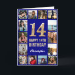 Carte 14e Joyeux Anniversaire Marine Bleu & Gold Photo C<br><div class="desc">14th Happy Birthday Navy Blue and Gold Photo Collage Birthday Card. Pour plus de personnalisation,  cliquez sur le bouton "Customiser" et utilisez notre outil de conception pour modifier ce modèle.</div>