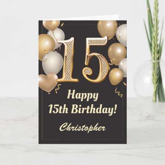Carte 15e anniversaire Ballons Noir et Or Confetti (Devant)