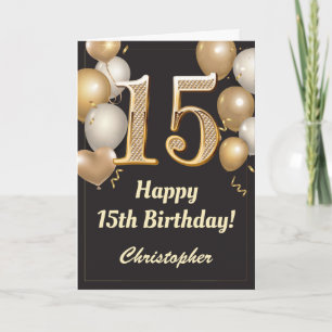 Carte 15e anniversaire Ballons Noir et Or Confetti
