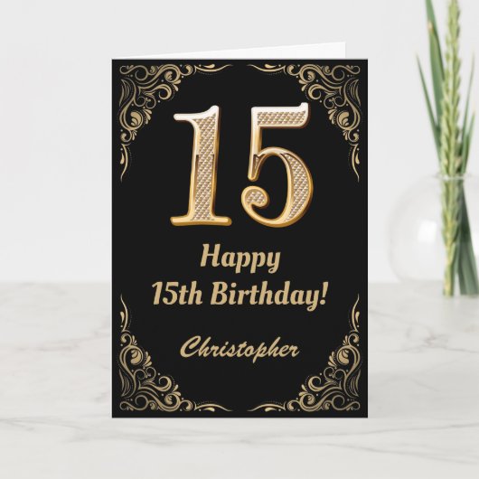 Carte 15e anniversaire Black and Gold Parties scintillan (Devant)