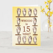 Carte 15e anniversaire, Chouettes curieuses (Fleur jaune)