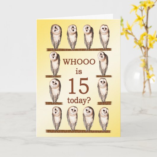 Carte 15e anniversaire, Chouettes curieuses (Fleur jaune)