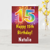 Carte 15e anniversaire coloré arc-en-ciel feux d'artific (Fleur jaune)