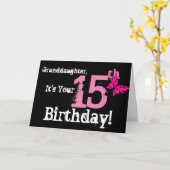 Carte 15e anniversaire de la petite-fille, papillon rose (Fleur jaune)