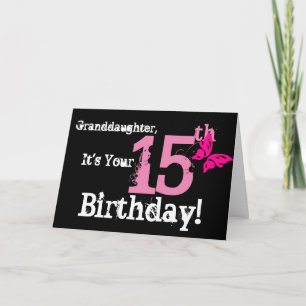 Carte 15e anniversaire de la petite-fille, papillon rose