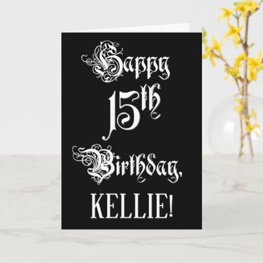 Carte 15e anniversaire : Fancy, Elegant Script + Nom per (Fleur jaune)