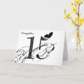 Carte 15e anniversaire, fille, papillon, noir & blanc. (Fleur jaune)