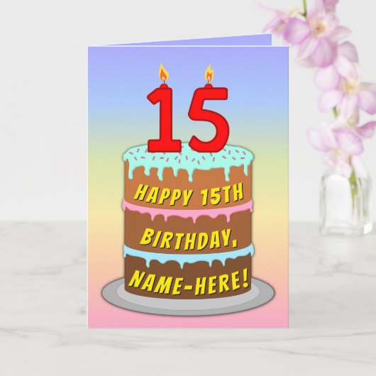 Carte 15e anniversaire — Fun Cake & Candles, avec nom pe (Orchidée)
