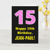 Carte 15e anniversaire : Pink Stripes and Hearts "15" + (Fleur jaune)