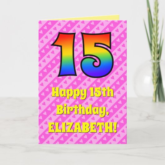 Carte 15e anniversaire : Pink Stripes & Hearts, Arc en c (Devant)