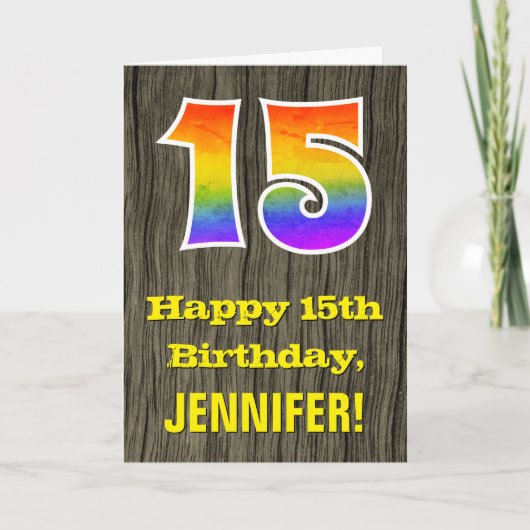 Carte 15e anniversaire : Rustic Faux Wood Look, Arc-en-c (Devant)