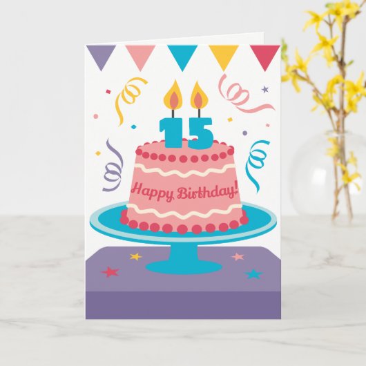 Carte 15e gâteau d'anniversaire (Fleur jaune)