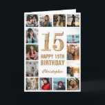 Carte 15e Joyeux Anniversaire Collage photo d'or et blan<br><div class="desc">15th Happy Birthday Gold and White Photo Collage Birthday Card. Pour plus de personnalisation,  cliquez sur le bouton "Customiser" et utilisez notre outil de conception pour modifier ce modèle.</div>