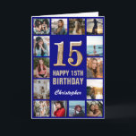 Carte 15e Joyeux Anniversaire Marine Bleu & Gold Photo C<br><div class="desc">15th Happy Birthday Navy Blue and Gold Photo Collage Birthday Card. Pour plus de personnalisation,  cliquez sur le bouton "Customiser" et utilisez notre outil de conception pour modifier ce modèle.</div>