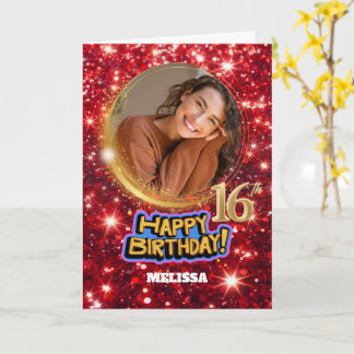 Carte 16 Ans Anniversaire Moderne Rouge & Or Paill