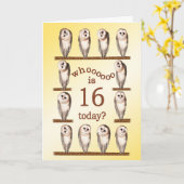 Carte 16e anniversaire, Curious owls card. (Fleur jaune)