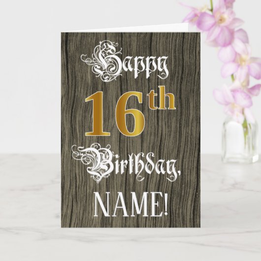 Carte 16e anniversaire : Faux Gold Look + Faux Wood Moti (Orchidée)