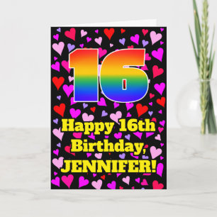 Carte 16e Anniversaire : Motif de cœurs aimants, Arc-en-