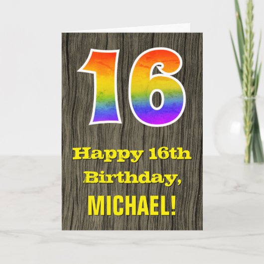 Carte 16e anniversaire : Rustic Faux Wood Look, Arc-en-c (Devant)
