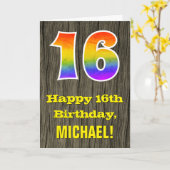 Carte 16e anniversaire : Rustic Faux Wood Look, Arc-en-c (Fleur jaune)
