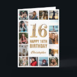 Carte 16e Joyeux Anniversaire Collage photo d'or et blan<br><div class="desc">16th Happy Birthday Gold and White Photo Collage Birthday Card. Pour plus de personnalisation,  cliquez sur le bouton "Customiser" et utilisez notre outil de conception pour modifier ce modèle.</div>