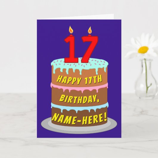 Carte 17e anniversaire : Gâteau et bougies amusants + No (Petite plante)