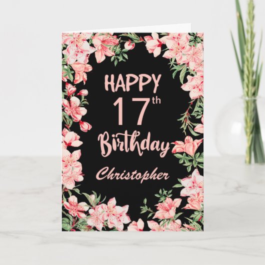 Carte 17e anniversaire Peach rose aquarelle Floral Noir (Devant)