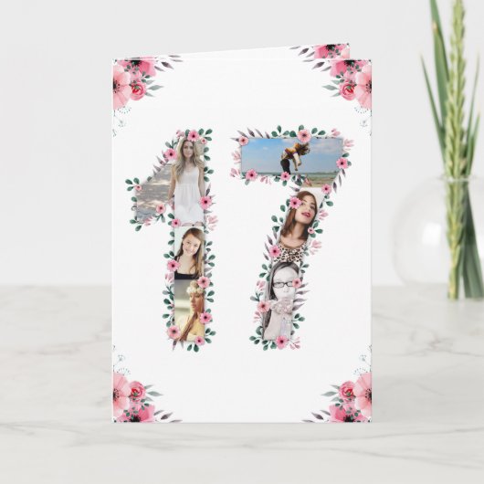 Carte 17e anniversaire Photo Collage Fille Rose Fleur Bl (Devant)