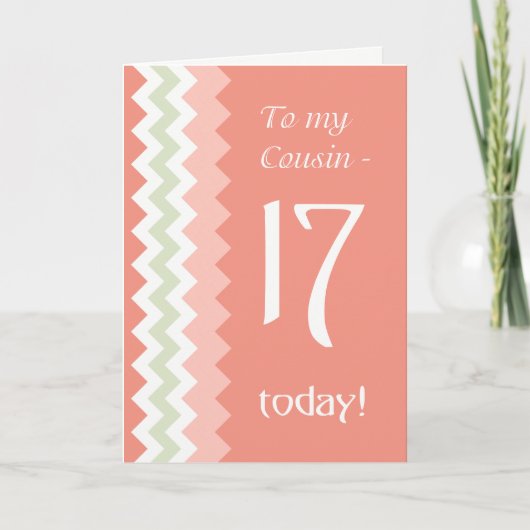 Carte 17e anniversaire pour Cousin, Chevrons Corail et M (Devant)