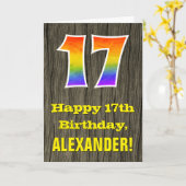 Carte 17e anniversaire : Rustic Faux Wood Look, Arc-en-c (Fleur jaune)