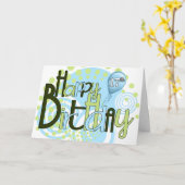 Carte 17e anniversaire Typographie à la mode bleue et ve (Fleur jaune)