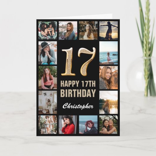 Carte 17e Joyeux Anniversaire Black and Gold Photo Colla (Devant)