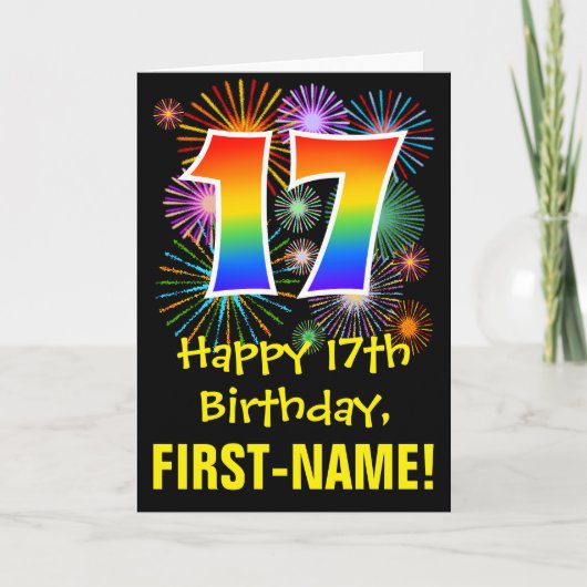 Carte 17ème anniversaire : Fun Fireworks Motif + Rainbow (Devant)
