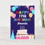 Carte 17th Happy Birthday Balloons Cake Navy Blue<br><div class="desc">17th Happy Birthday Colorful Balloons Navy Black with personalized name. For further customization,  please click the "Customize it" button and use our design tool to modify this template.</div>