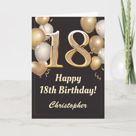 Carte 18e anniversaire Ballons Noir et Or Confetti (Devant)