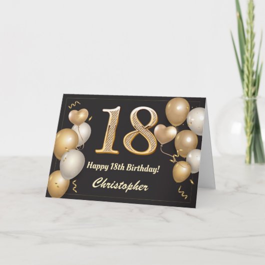 Carte 18e anniversaire Ballons noirs et or Anniversaire (Devant)