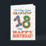 Carte 18e anniversaire coloré pour Grandson spécial<br><div class="desc">Une carte d'anniversaire colorée du 18ème anniversaire pour un "Très Special Grandson",  avec un numéro 18 à motifs vifs et le mot "Grandson",  avec des contours dorés,  sur un arrière - plan légèrement texturé.</div>