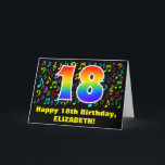 Carte 18e anniversaire: Colorful Music Symbols & Rainbow<br><div class="desc">This fun, exciting, and colorful birthday greeting card design features a large number "18" with a rainbow spectre gradient inspired pattern, along with the message "Happy 18th Birthday, ", and a customizable recipient name. The front also has a colorful music notes and symbools pattern. The inside features a customized birthday...</div>